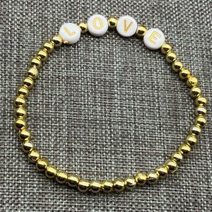 L O V E Bracelet White Round Gold Beads Love Valentines Day Retro BoHo Cottage